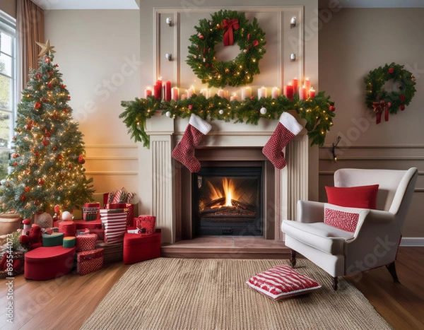 Fototapeta Christmas living room interior with fireplace, gifts and christmas tree