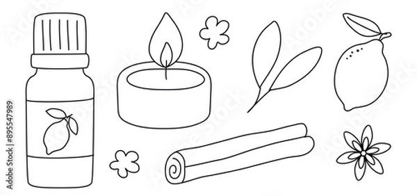 Obraz Hand drawn doodle tea light candle, lemon, cinnamon, anise, flower, essential oil, citrus set isolated on white background