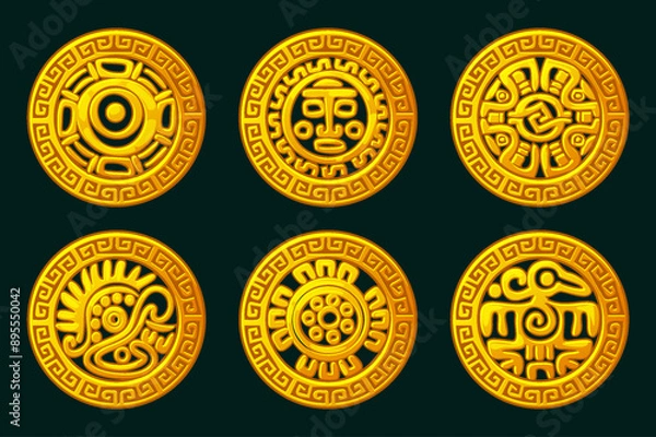 Fototapeta Golden Maya or Aztec symbols in ornament frame. Golden symbols for your 2D game or slot games