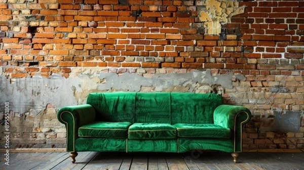 Fototapeta Green couch by masonry wall