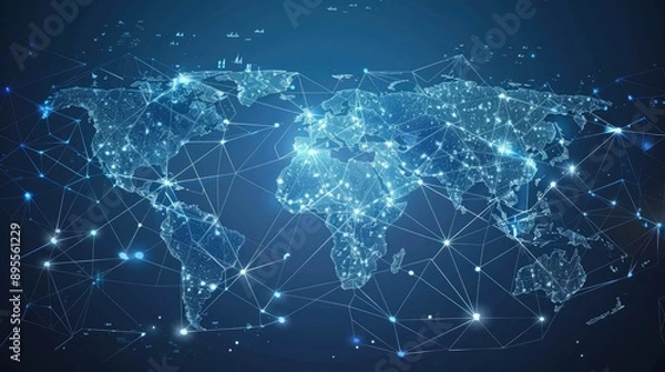 Fototapeta A world map with connecting lines representing global commerce.