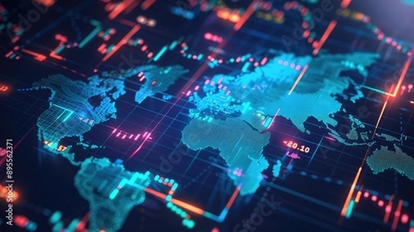 Fototapeta Digital world map with fluctuating stock prices.