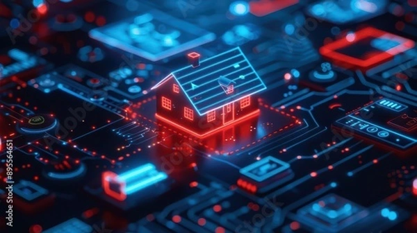 Fototapeta Smart home technology is depicted with radiant, hightech home automation systems in an ultramodern, supernatural scene banner with copy space