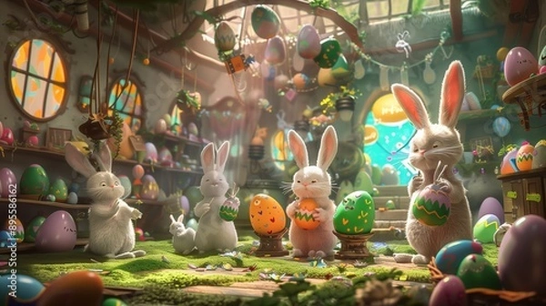 Obraz Enchanted Easter Egg Factory: Bunnies and Chicks Crafting Colorful Eggs in a Whimsical Wonderland