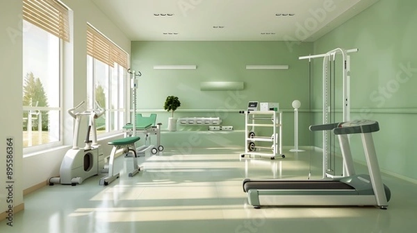 Obraz serene and modern physical therapy room with state-of-the-art equipment like a treadmill and resistance therapy devices, set against a backdrop of soothing green walls.