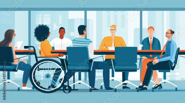 Fototapeta A business meeting with a person in a wheelchair taking notes and interacting with colleagues around a large table.