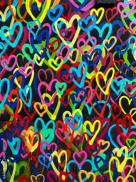 Fototapeta Vibrant Graffiti with Lots of Small Colorful Hearts on Dark Wall