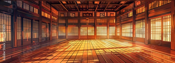 Fototapeta Una ilustración de un antiguo dojo japonés con pisos de madera y techos altos, al estilo anime, con detalles simples, bordes borrosos, al estilo de arte vectorial, diseño plano, una pintura digital