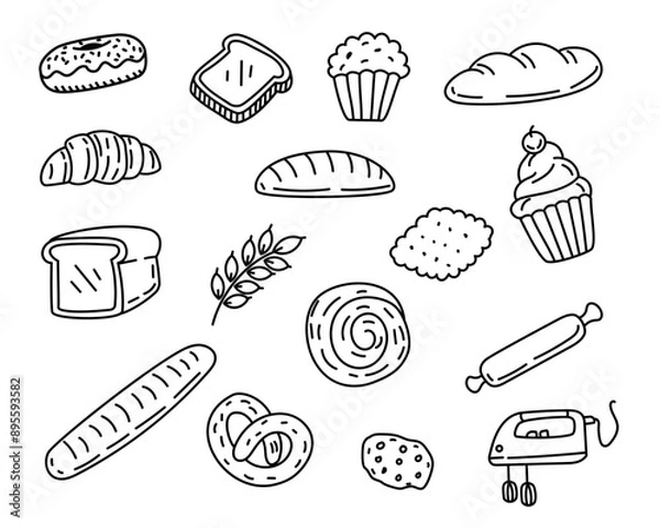 Obraz Set of bakery doodle illustration on white background. Hand-drawn bakery elements vector collection.