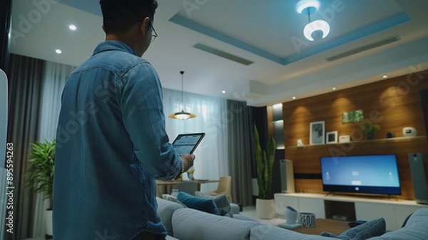 Fototapeta A smart home devices,such as security cameras and ,in a modern living room, using a tablet to configure the system