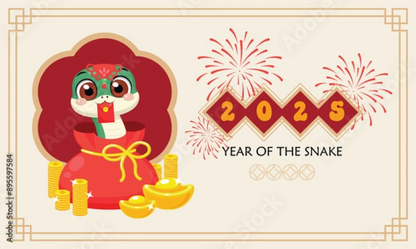 Obraz Cute red snake in red packet, happy Chinese new year 2025