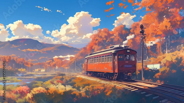 Fototapeta 美しい秋の田園風景と鉄道車両 - 鮮やかな紅葉と山々の中を走る赤い列車