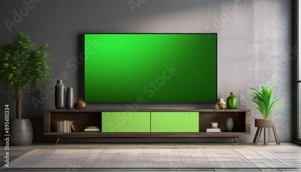 Fototapeta A modern flat-screen TV with a green screen, set in a stylish living room, perfect for entertainment or advertising mockups.