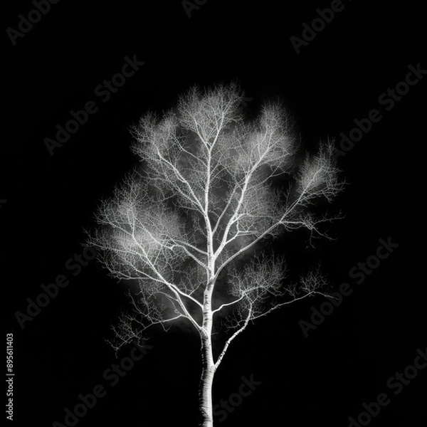 Fototapeta Shadowed Secrets: Dark Gothic X-ray of Birch Tree Revealing Intricate Bark Texture and Eerie Leaf Veins in Digital Art