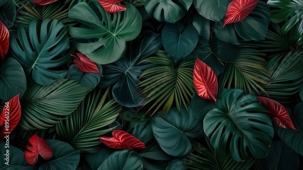 Fototapeta   A close-up of a pile of leaves with varying shades of red and green leaves at the base