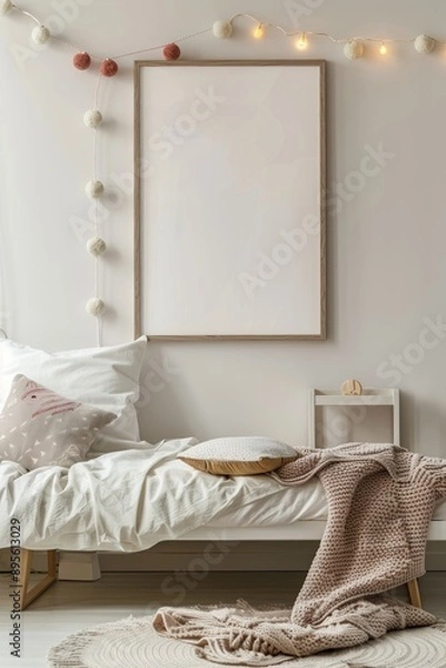 Fototapeta Cozy Bohemian Living Space with Cushion Arrangement and Blank Frame