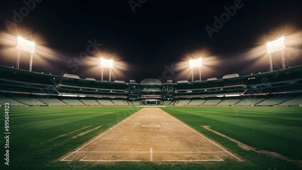 Fototapeta A Professional cricket sports background for advertisement, A Wide Perspective Spectacular sport cricket stadium with glowing floodlights and empty green grass field and pitch.