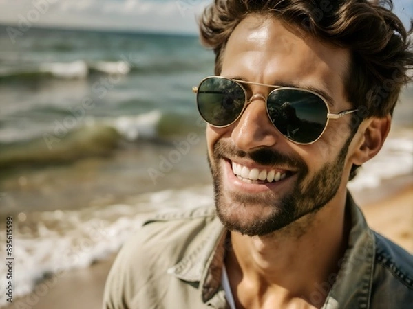 Obraz close up of happy man in sunglasses against ocean background, portrait of a person, AI
