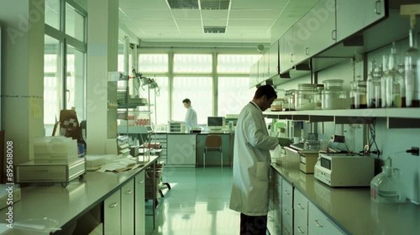 Fototapeta A scientist in a white lab coat works at a laboratory counter, while another person is seen at a desk in the background. The lab is brightly lit with an organized setup.