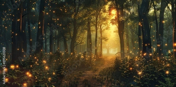 Fototapeta An enchanted forest with glowing trees creates a magical and otherworldly atmosphere.