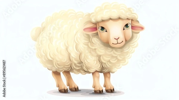 Obraz Create a clipart of a Fluffy Sheep A sheep with extra fluffy woolin a kawaii style, simplified to feature fewer elements for a cleaner look, Use a color palette that is appealing to children, w
