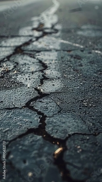 Fototapeta Cracked Asphalt Road Surface Texture Background, 4K hyperrealistic photo