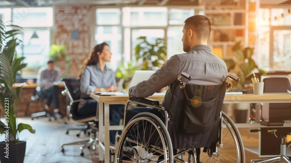 Fototapeta A person in a wheelchair engaged in a brainstorming session with coworkers, everyone contributing to the conversation.