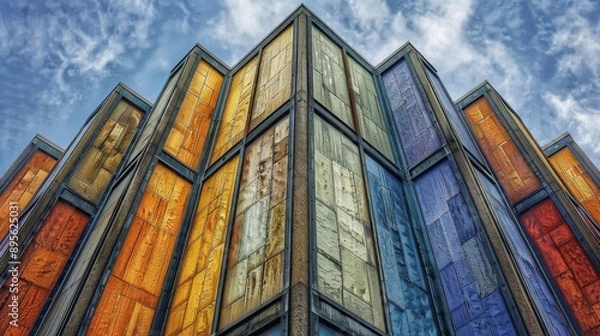 Fototapeta A vibrant architectural detail showcasing a series of vertical stripes in a rainbow of colors against a clear