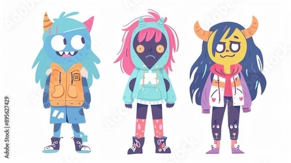 Fototapeta Create a clipart of a Monster Fashionista Wearing trendy clothesin a kawaii style, simplified to feature fewer elements for a cleaner look, Use a color palette that is appealing to children, wi