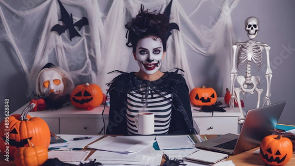 Fototapeta Holidays at work with a business woman celebrating Halloween at office with an halloween decorations and orange pumpkin. Woman dressed for Halloween working on desk at home.