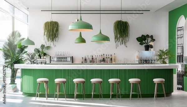 Obraz White and green cafe interior with bar counter, Ai Generative