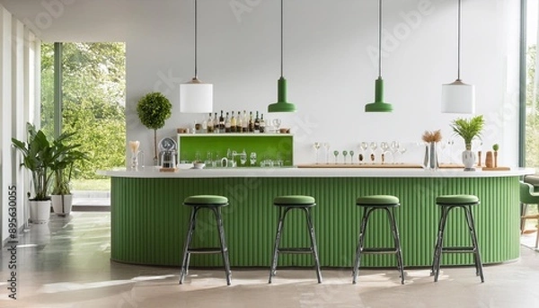 Obraz White and green cafe interior with bar counter, Ai Generative