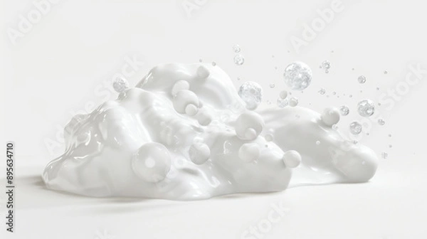 Fototapeta A dynamic splash of white liquid and transparent bubbles in mid-air, set against a pristine white background.