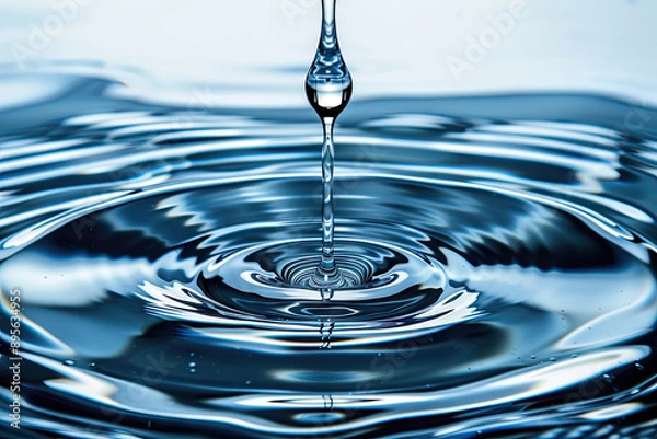 Obraz A pristine drop of water falling into a clear, blue pool, creating ripples that spread out in concentric circles
