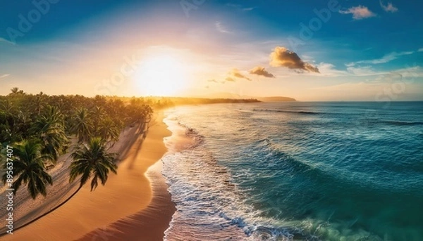 Fototapeta Gentle breeze carries salty air across the awakening beach. Sandpipers dart along the water's edge as sunlight dances on waves.
