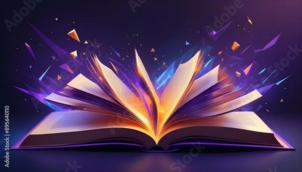 Fototapeta Futuristic technology low polygonal glowing open book isolated on dark background.