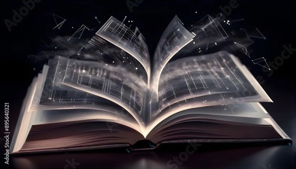 Fototapeta Futuristic technology low polygonal glowing open book isolated on dark background.