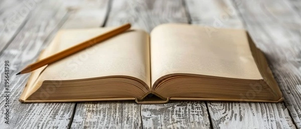 Fototapeta A Blank Open Book with Pencil on a Light Wooden Background