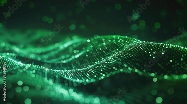 Obraz Abstract wave of green particles and lines, dark background for big data visualization and AI technology