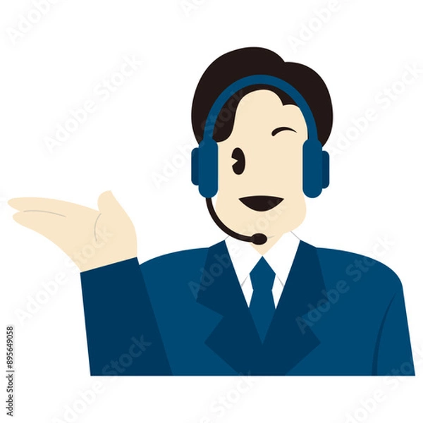 Fototapeta 笑顔で応答、ご案内をするコールセンターのオペレーター（男性）　おしゃれなベクターイラスト
