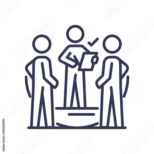 Fototapeta Three figures discussing with one holding a clipboard, symbolizing decision making.