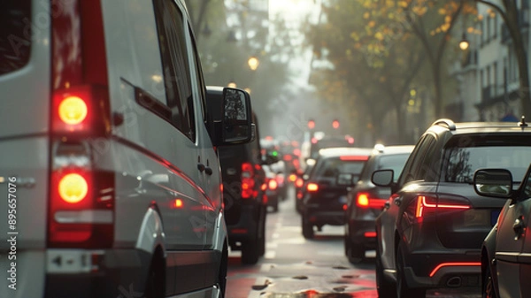 Fototapeta A traffic jam on the street with cars and trucks stuck in it