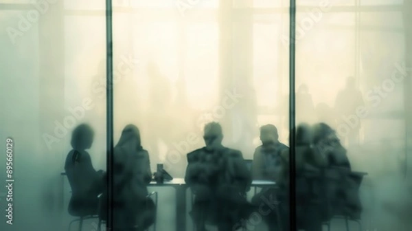 Fototapeta abstract view of a corporate meeting through frosted glass blurred silhouettes in muted tones convey a sense of privacy and professionalism clean minimalist composition