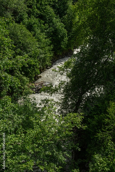 Obraz Rivers where glacial water flows in spring. Streams, rivers in Mestia town. Georgia.