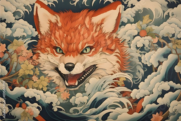 Fototapeta 浮世絵風　狐