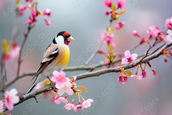 Fototapeta A charming image of a European goldfinch perched on a blooming cherry tree branch.