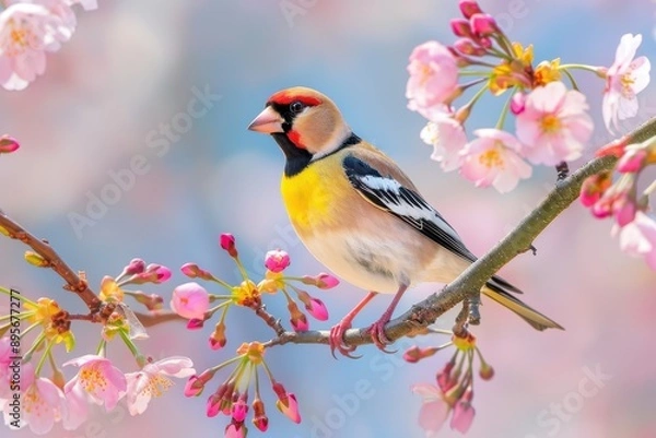 Fototapeta A charming image of a European goldfinch perched on a blooming cherry tree branch.