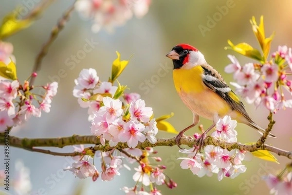 Fototapeta A charming image of a European goldfinch perched on a blooming cherry tree branch.