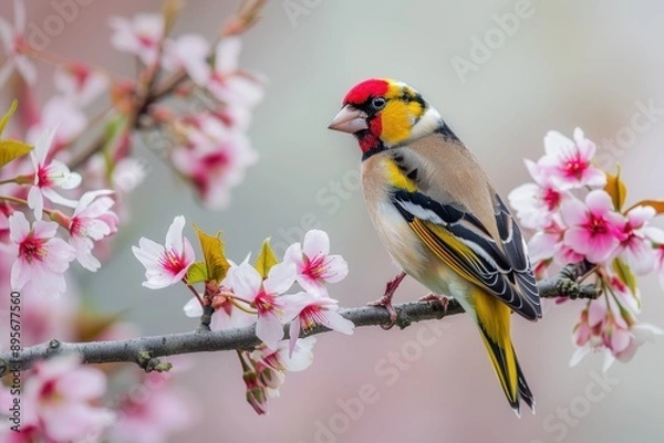 Fototapeta A charming image of a European goldfinch perched on a blooming cherry tree branch.