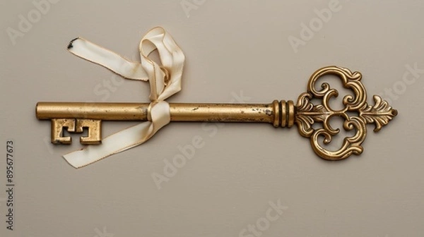 Fototapeta an antique golden key with a ribbon - top view on plain background